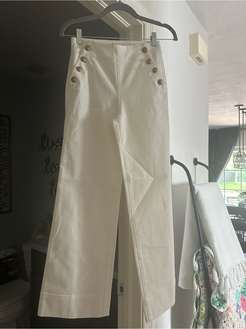 Alice + Olivia White Wide-Leg High-Rise Jeans with Gold Buttons